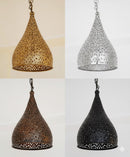 Moroccan pendant lights in gold, silver, bronze, and black on a white background.