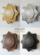 Four decorative wall lights in gold, silver, bronze, and black with 'Atlas Lights' branding.