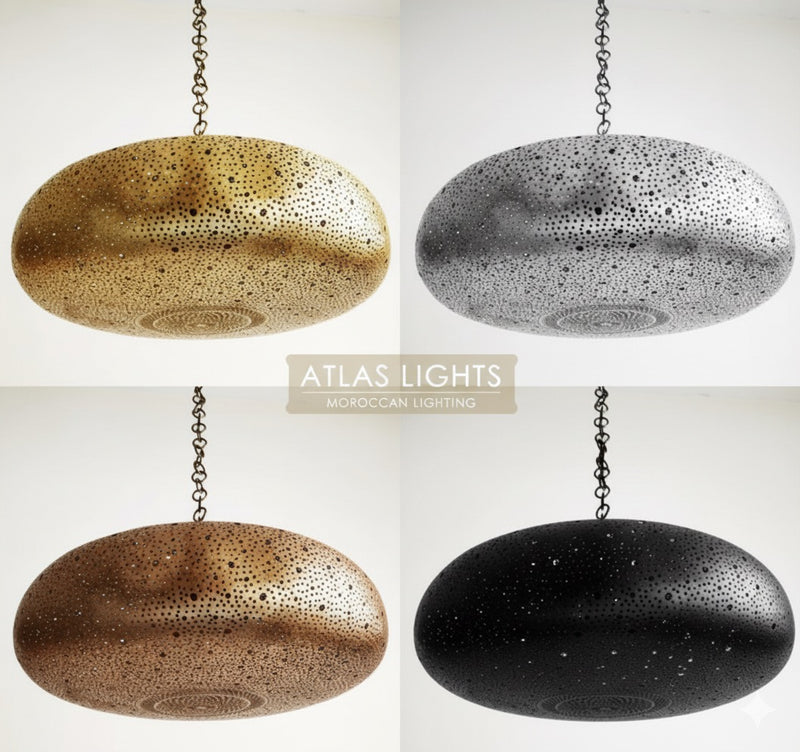 moroccan hanging pendant lights in gold, silver, bronze, and black on a white background with 'Atlas Lights' branding.