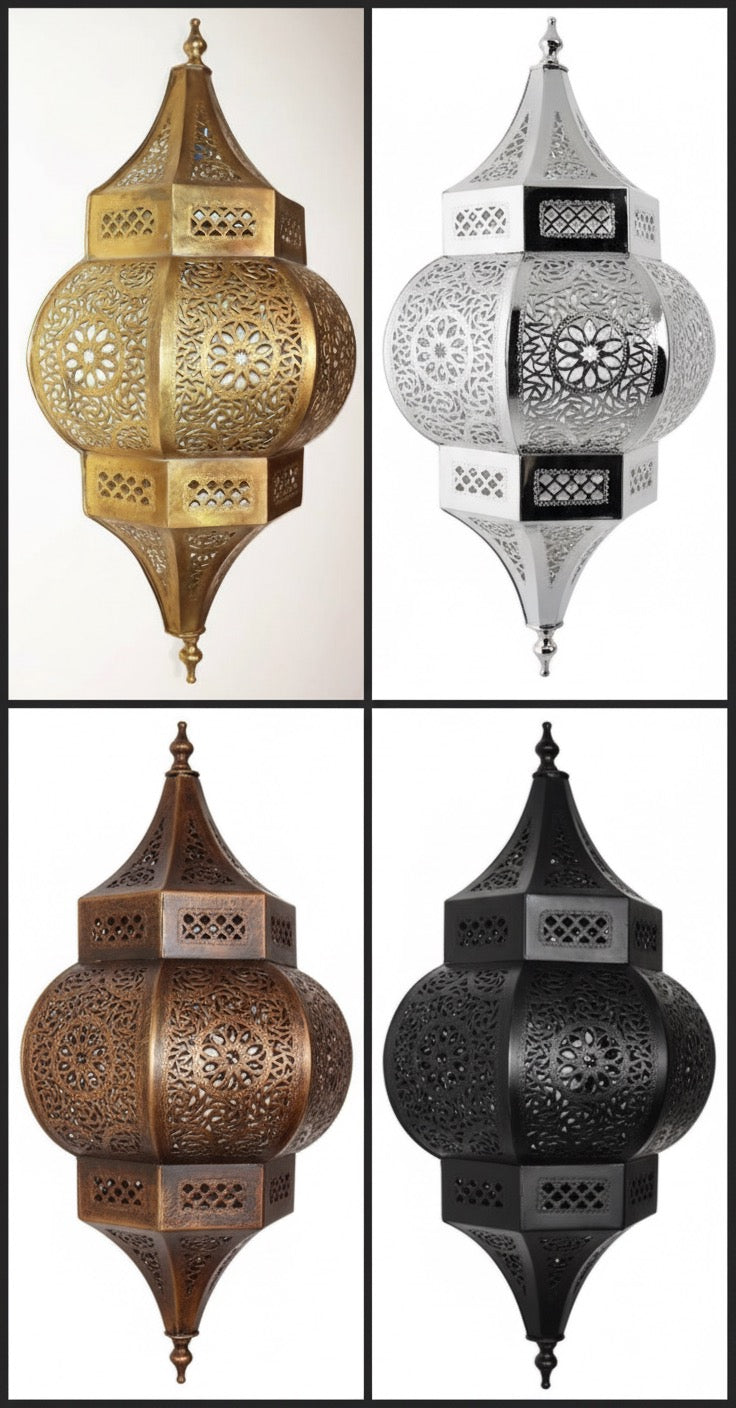 Four ornate hanging lanterns in gold, silver, bronze, and black on a white background.