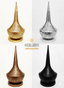 Four ornate lanterns in gold, silver, bronze, and black on a white background with 'Atlas Lights' branding.