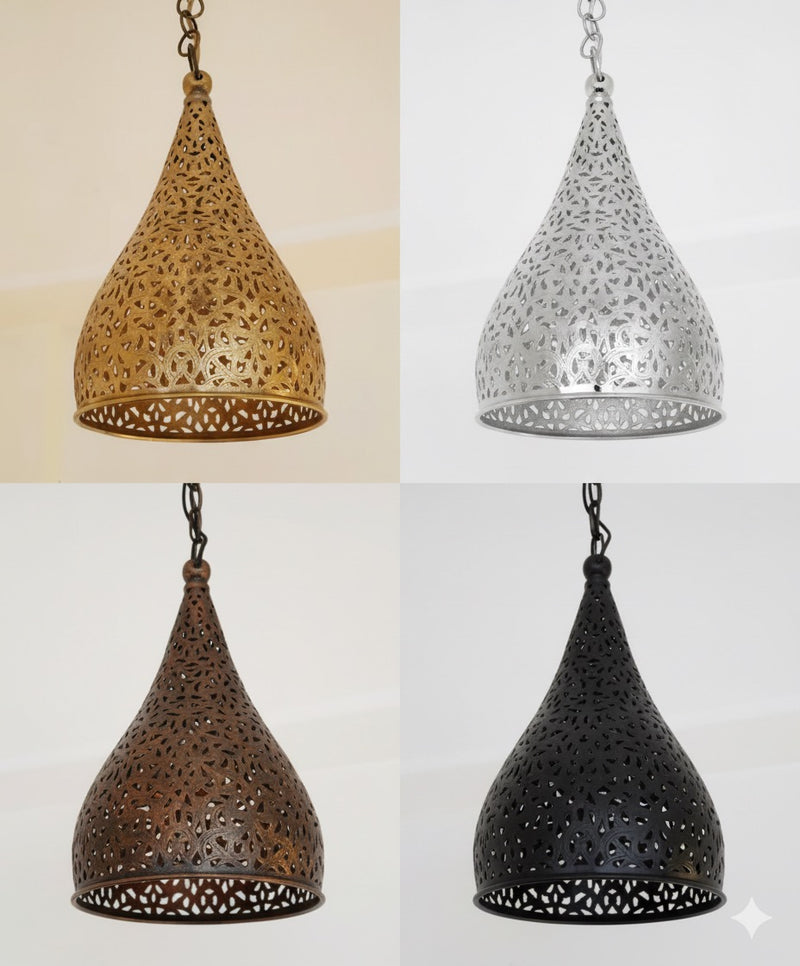 Moroccan pendant lights in gold, silver, bronze, and black on a white background.
