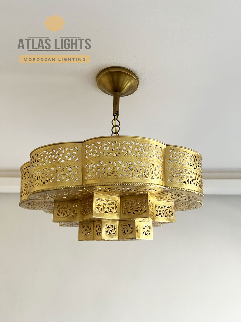 Handmade Geometric Pendant Light, Arabic Pattern Chandelier, Modern Oriental Ceiling Fixture – Gold | Bronze | Silver | Black